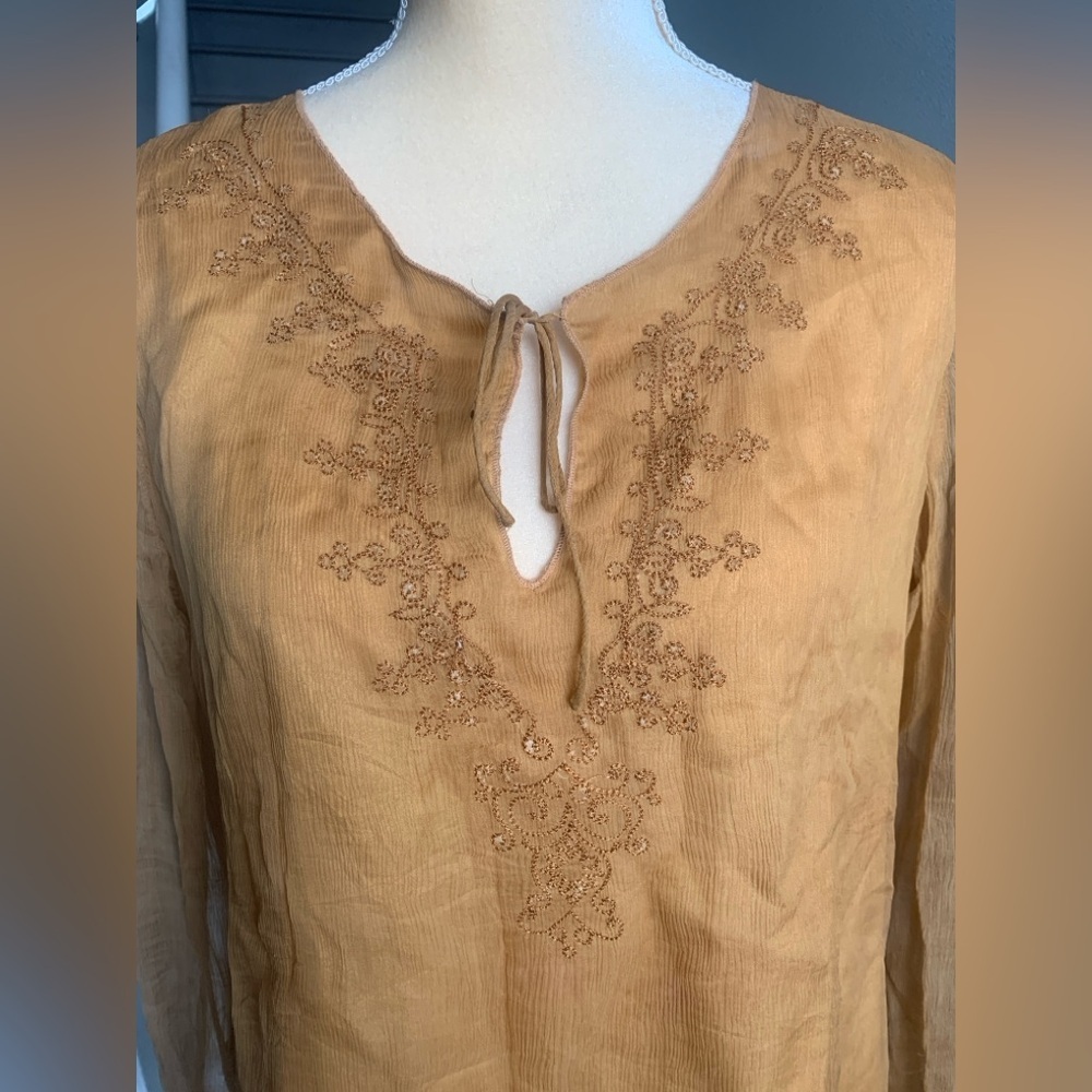 New York City Design Co Embroidered Tie-Neck Blouse in Mustard - Picture 2 of 9